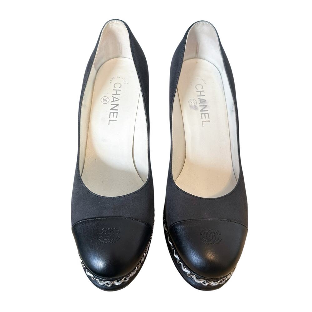 Chanel CC Cap Toe Chain Platform Pumps 39C Black 4” Heel G29068